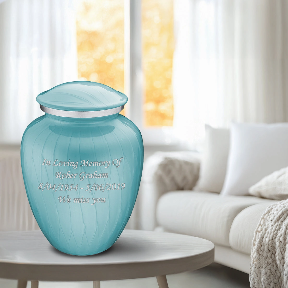 Adult Embrace Pearl Light Blue Custom Engraved Cremation Urn
