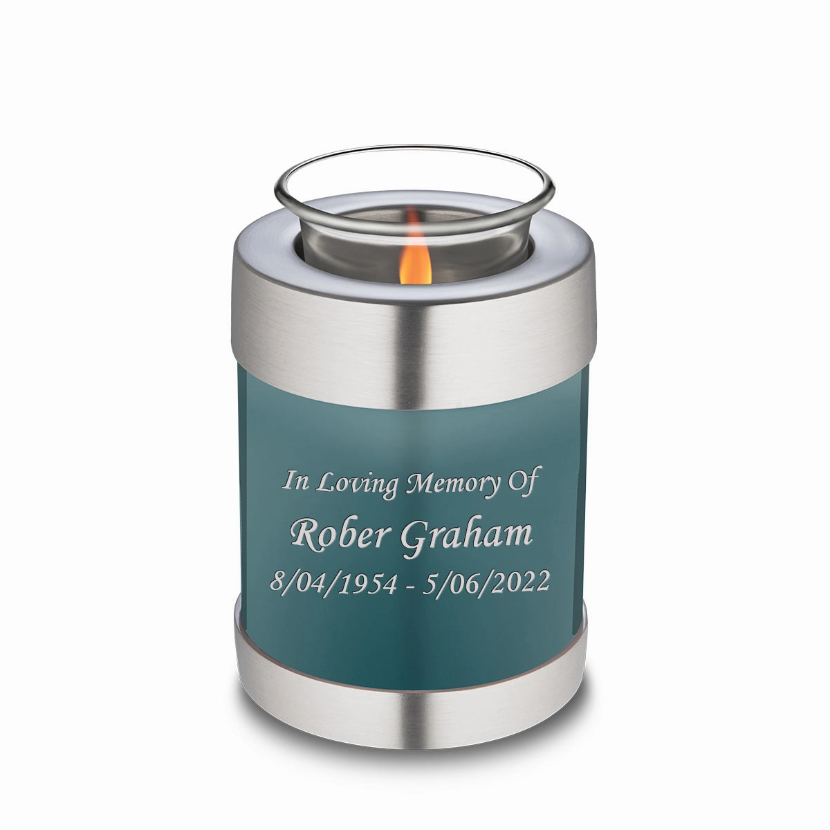 Candle Holder Embrace Teal Custom Engraved Text Cremation Urn