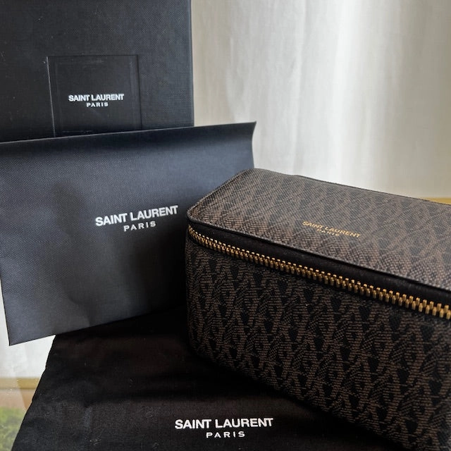 SAINT LAURENT Black Brown Toile Classic Monogram Coated Canvas Jewelry Box